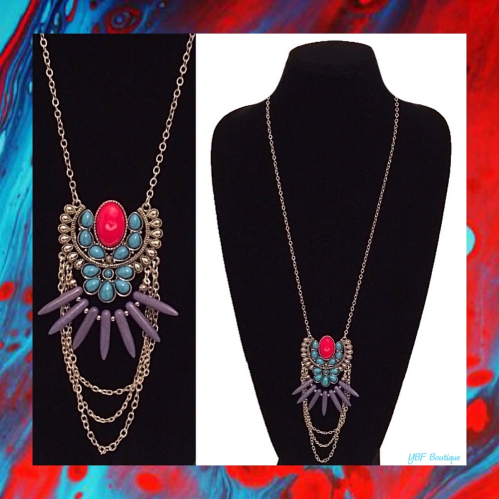 New Burnished Silver Red & Turquoise Tribal Pendant Chain Long Fashion Necklace